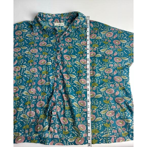 Natural Life Size M Boho 70s Block Print Button Down Shirt Blue Floral Vines - Picture 7 of 9